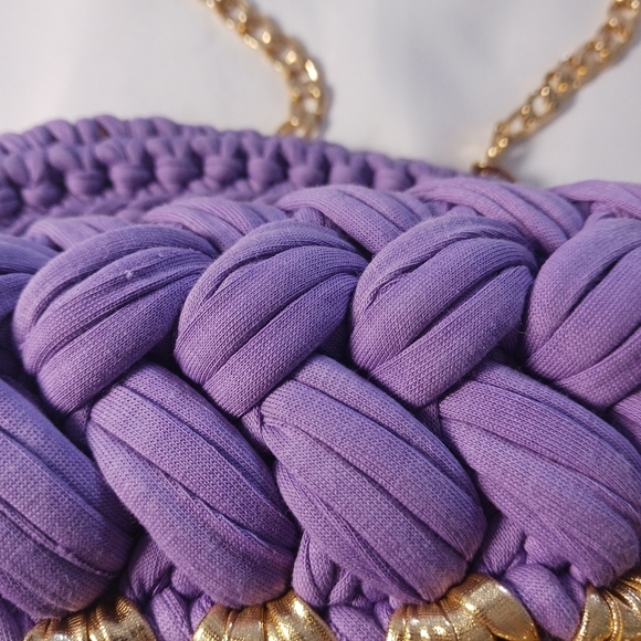 Womens Handbag Woven Metallic Gold Purple Crossbody Chain Chunky Fun - Picture 6 of 12